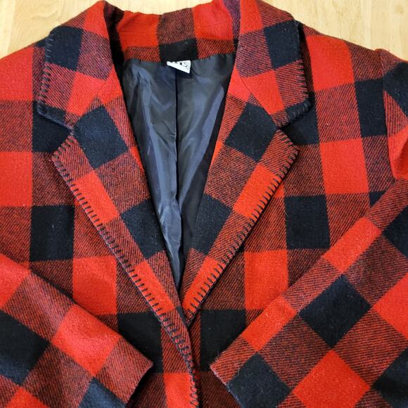 Red buffalo plaid wool felt Blazer blanket stitch Edge vintage pockets 23" p2p - Picture 7 of 11